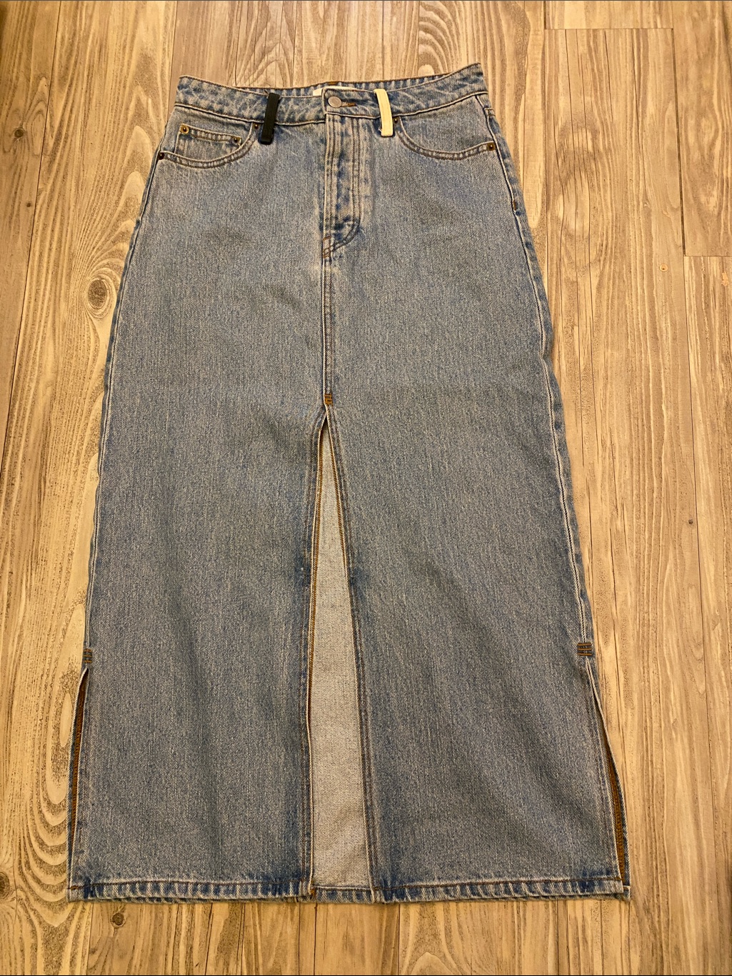 Still Here Blue Denim Maxi Skirt With Front Slit